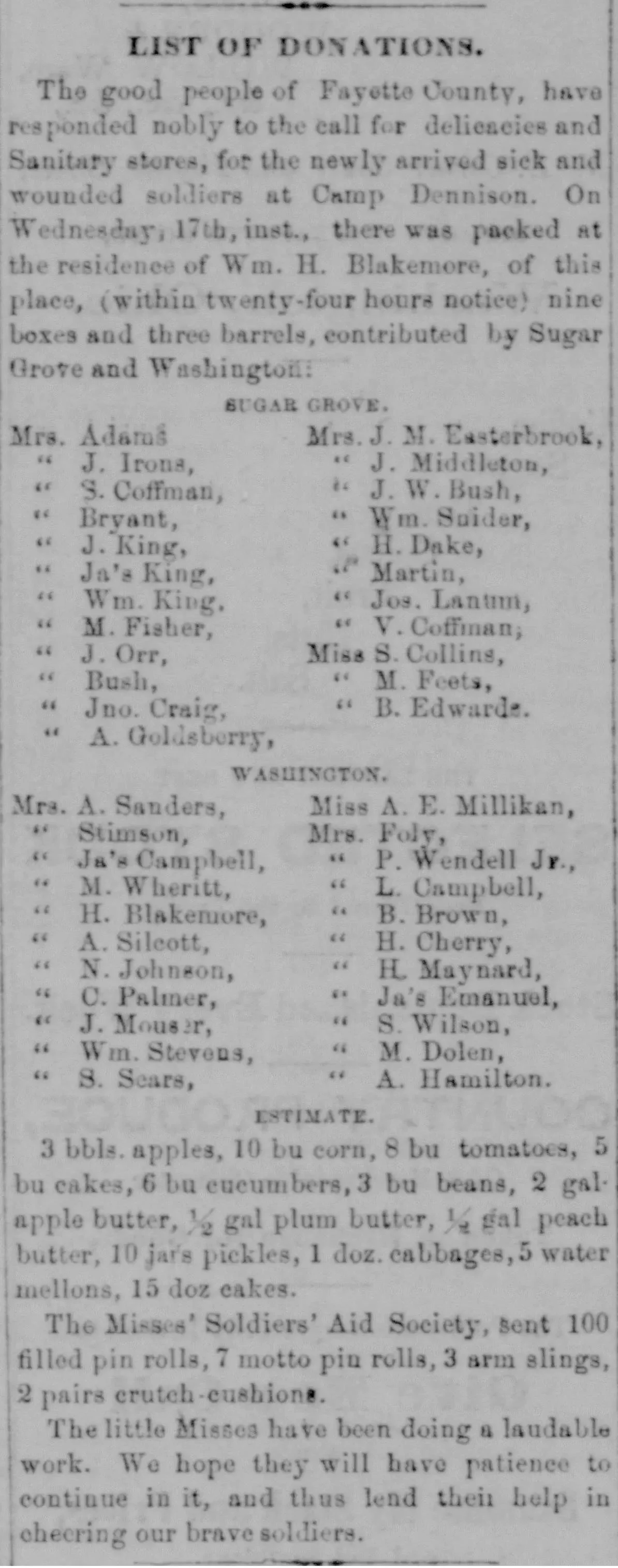 Donation list from the Washington Fayette County Herald, September 1864, naming community members from Sugar Grove and Washington who contributed food and supplies for sick and wounded soldiers at Camp Dennison