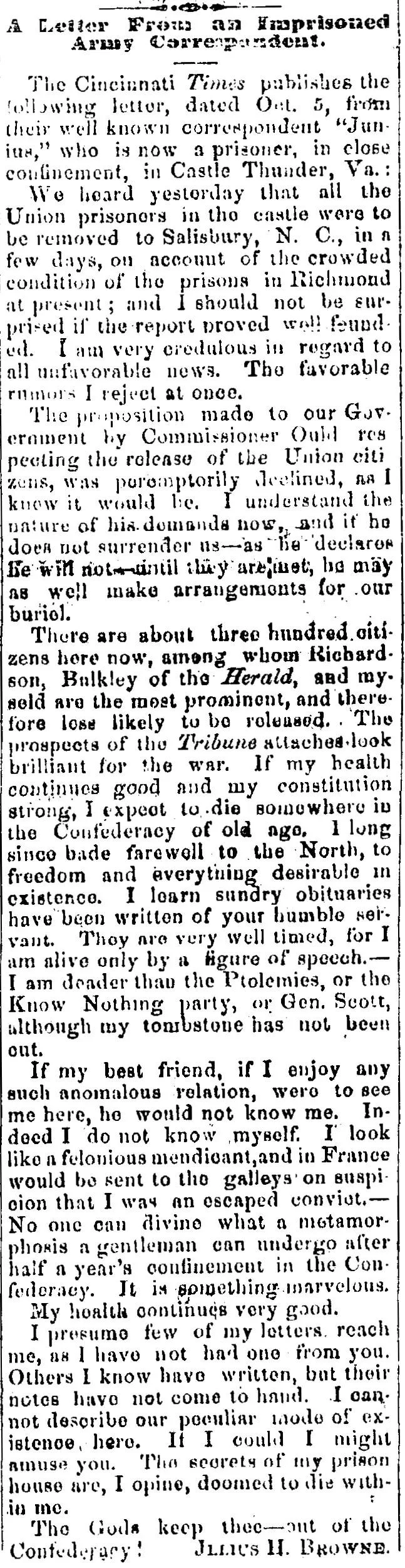 Newspaper clipping from the Crown Point Register, November 1863, reprinting a letter from imprisoned army correspondent Julius H. Browne written from Castle Thunder prison in Virginia