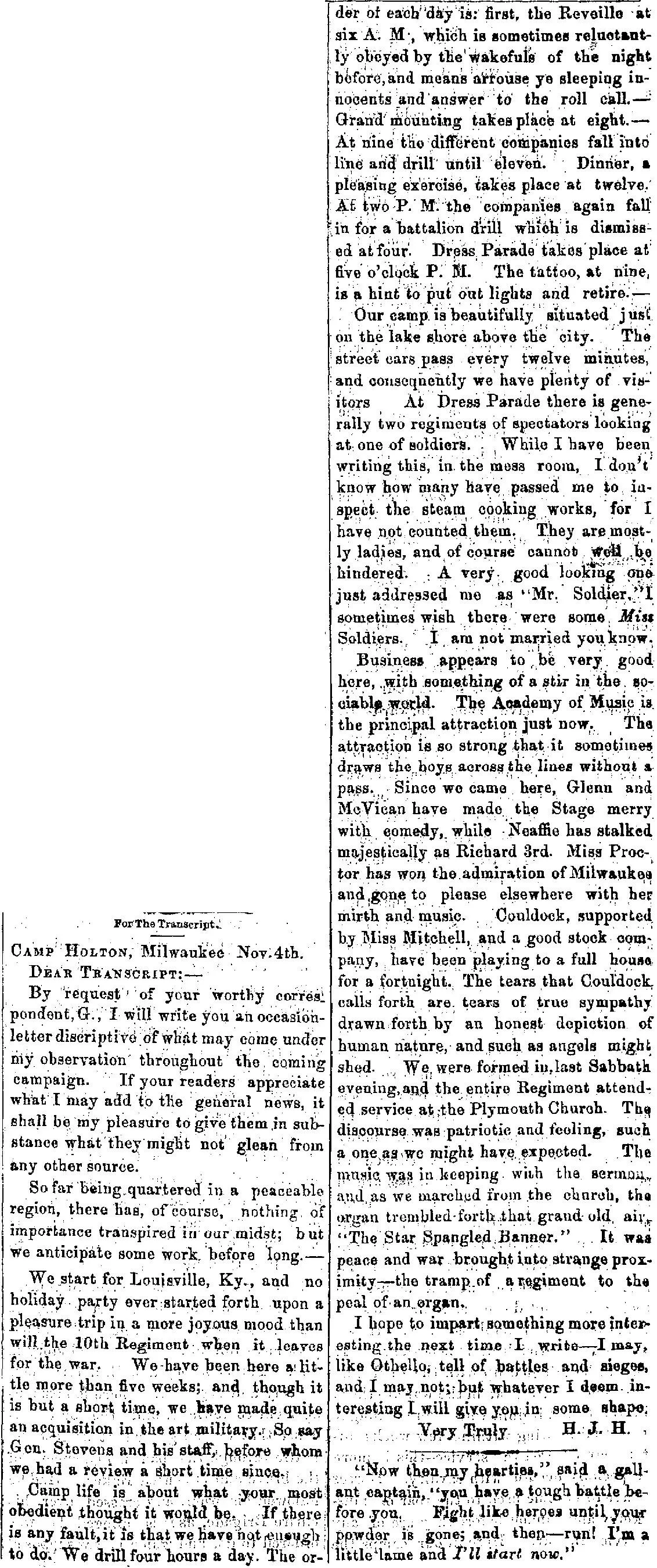 Letter from war correspondent H.J.H. written from Camp Holton in Milwaukee, published in the Galesville Transcript, November 1861, describing daily military life including reveille, drilling, dress parade, and tattoo