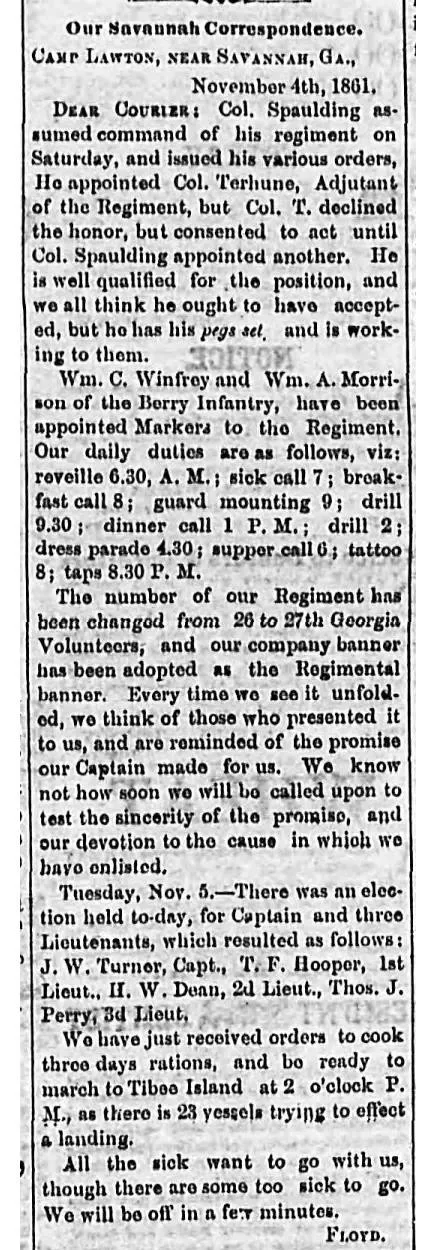 Letter from Confederate soldier Floyd written from Camp Lawton near Savannah, Georgia, published in the Rome Weekly Courier, November 1861, describing the 27th Georgia Volunteers' daily schedule and ending with sudden orders to march