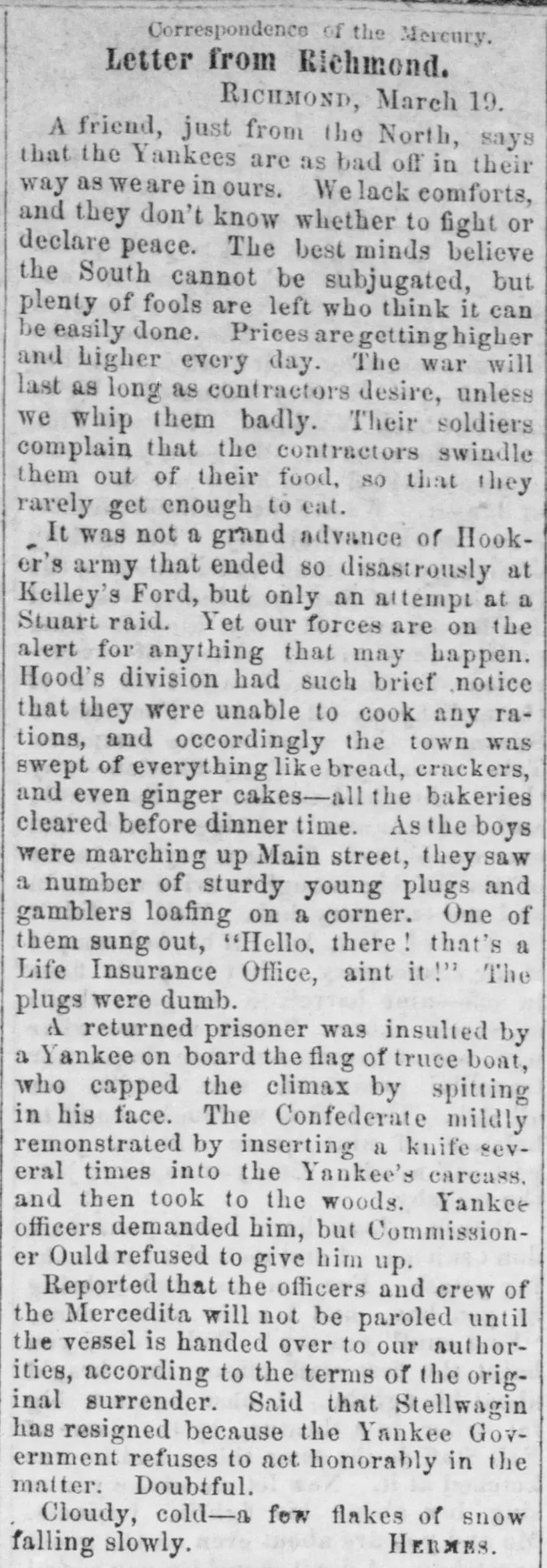 Letter from Richmond signed Hermes, published in the Columbus Weekly Sun, March 1863, covering rising prices, war weariness, battlefield rumors, and ending with a weather note about cold and snow