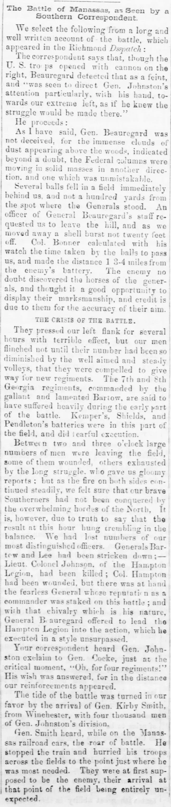 Newspaper account of the Battle of Manassas as reported by a Southern correspondent for the Richmond Dispatch, reprinted in the Watertown Republican, August 1861, describing the Confederate perspective on the first major battle of the Civil War