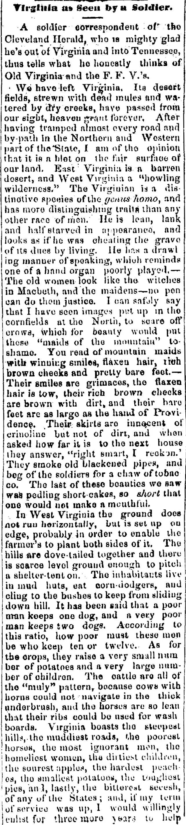 Newspaper piece titled Virginia as Seen by a Soldier, published in the Crown Point Register, November 1863, in which a soldier correspondent for the Cleveland Herald writes a darkly comic account of Virginia, its landscape, and its people