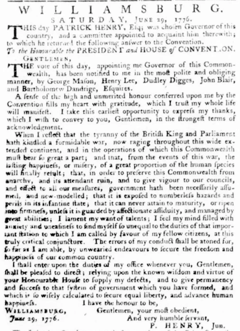 Front page of the Virginia Gazette, June 29, 1776, reporting Patrick Henry's election as Virginia's first governor and printing his acceptance letter to the Convention.