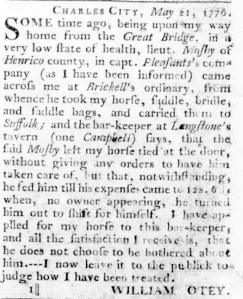 William Otey's printed grievance, Virginia Gazette, May 31, 1776, naming Lieutenant Mosby of Captain Pleasants's company and describing the taking of his horse, saddle, and saddlebags.