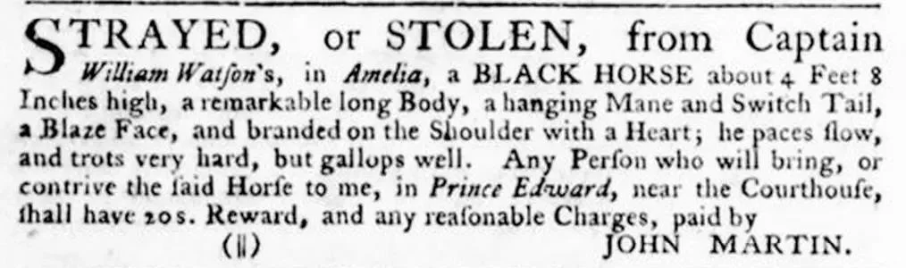 Stolen horse reward notice from John Martin, Virginia Gazette, June 15, 1776, describing a black horse with a blaze face and heart brand, offering 20 shillings reward.