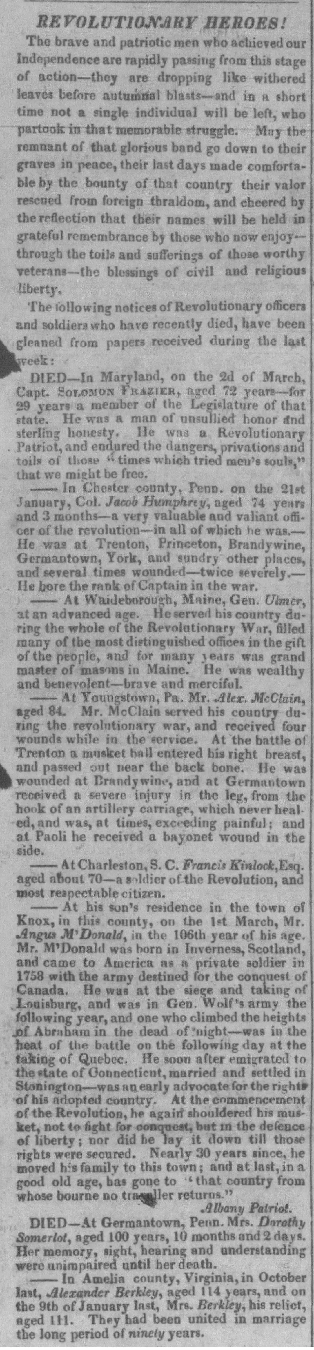 Newspaper clipping headlined "Revolutionary Heroes!" from The National Republican and Ohio Political Register, March 31, 1826, listing the recent deaths of Revolutionary War veterans including Captain Solomon Frazier of Maryland, Colonel Jacob Humphrey of Chester County Pennsylvania who fought at Trenton Princeton Brandywine and Germantown, Alex McClain of Youngstown Pennsylvania who was wounded at Trenton Brandywine Germantown and Paoli, General Ulmer of Waldo borough Maine, Francis Kinlock of Charleston South Carolina, Angus McDonald of Knox who was born in Scotland and fought at the siege of Louisburg and the battle of Quebec before joining the American Revolution, and Dorothy Somerlot of Germantown Pennsylvania who died at age 100 with her memory sight hearing and understanding unimpaired.