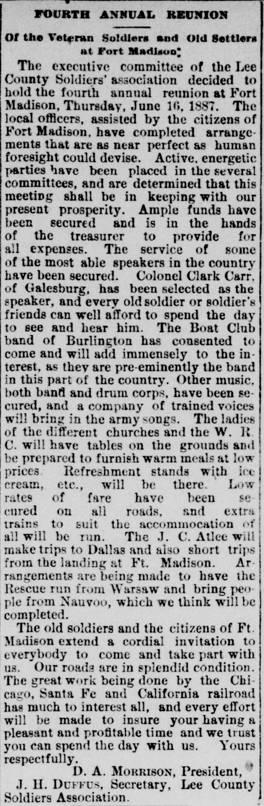 Newspaper clipping from the Burlington Weekly Hawk-Eye, June 9, 1887, announcing the Fourth Annual Reunion of Veteran Soldiers and Old Settlers at Fort Madison, Iowa, organized by the Lee County Soldiers' Association with Colonel Clark Carr of Galesburg as the featured speaker, band music from the Burlington Boat Club band, special railroad fares, and arrangements for steamboat trips on the Mississippi River, signed by D.A. Morrison, President, and J.H. Duffus, Secretary of the Lee County Soldiers Association.