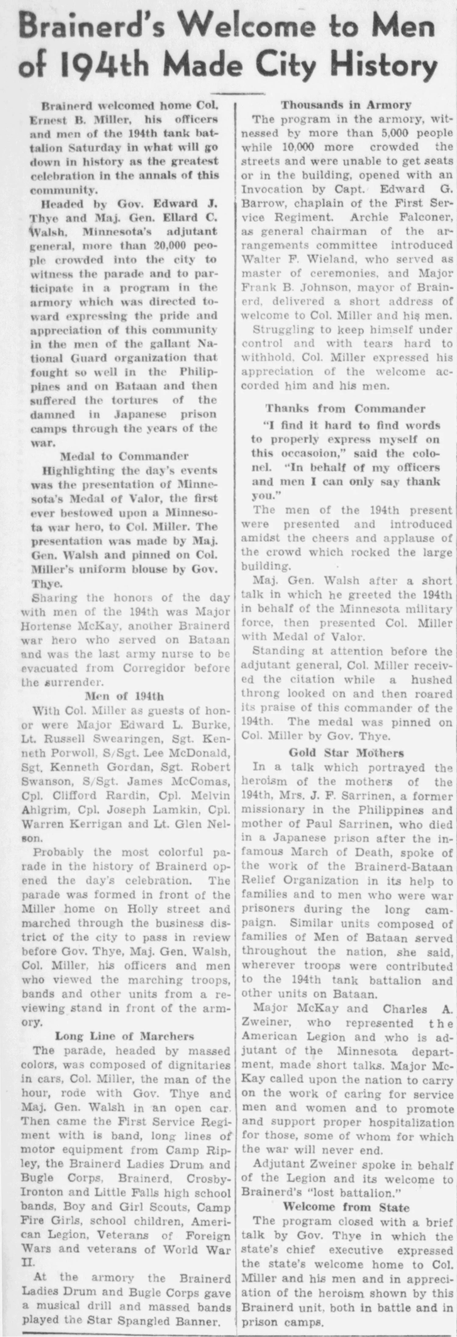 Newspaper clipping from the Brainerd Daily Dispatch, October 29, 1945, headlined "Brainerd's Welcome to Men of 194th Made City History," reporting that more than 20,000 people gathered in Brainerd Minnesota to welcome home Colonel Ernest B. Miller and the officers and men of the 194th Tank Battalion who had fought in the Philippines and survived Japanese prisoner of war camps, during which Governor Edward J. Thye and Major General Ellard C. Walsh presented Colonel Miller with Minnesota's Medal of Valor, the first ever bestowed upon a Minnesota war hero, with individual soldiers including Major Edward L. Burke, Lieutenant Russell Swearingen, Sergeant Kenneth Porwoll, Staff Sergeant Lee McDonald, and others introduced by name to the assembled crowd of more than five thousand inside the armory.