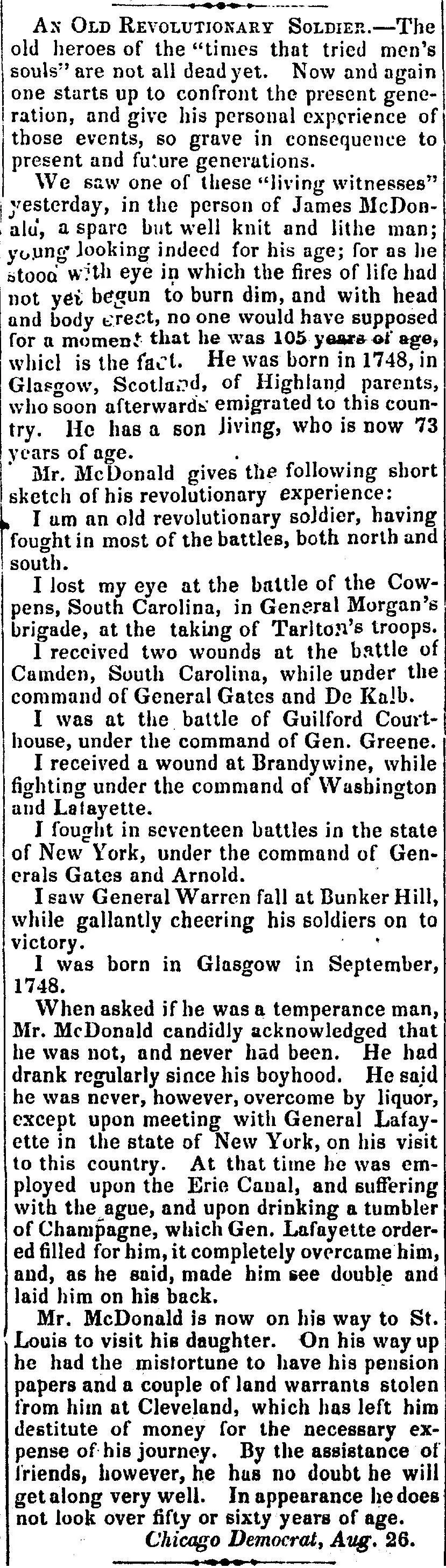 Newspaper clipping from the New Albany Daily Ledger dated September 7, 1853, headlined "An Old Revolutionary Soldier." The article describes James McDonald, age 105, born in Glasgow, Scotland in 1748, who fought in multiple Revolutionary War battles including Cowpens, Camden, Guilford Courthouse, Brandywine, and Bunker Hill, and was traveling through Indiana when the reporter encountered him.