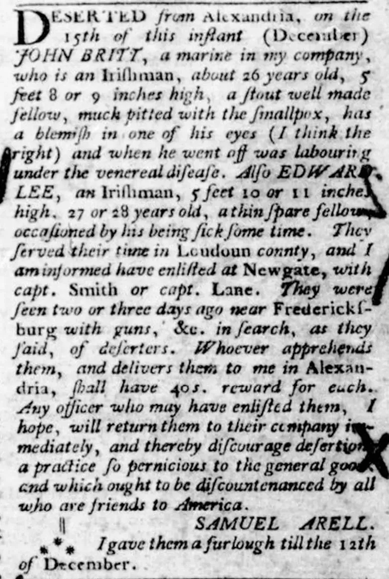 Newspaper clipping from the Williamsburg Virginia Gazette dated December 27, 1776. Officer Samuel Arell reports two deserters from Alexandria: John Britt, an Irishman aged about 26, stout, pitted with smallpox, with a blemish in one eye; and Edward Lee, an Irishman aged 27 or 28, thin and spare. Both had served in Loudoun County and were seen near Fredericksburg. A reward of 40 shillings is offered for each. Signed Samuel Arell.