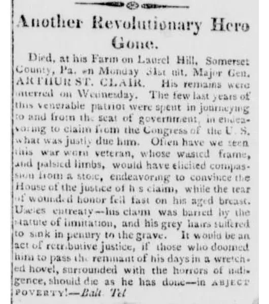 Newspaper clipping from the Wilmington Delaware Gazette and Peninsula Advertiser dated September 12, 1818, headlined "Another Revolutionary Hero Gone." The obituary reports the death of Major General Arthur St. Clair at his farm on Laurel Hill, Somerset County, Pennsylvania. The notice describes St. Clair as a war-worn veteran who spent his final years petitioning Congress for his pension, which was denied, and who died in abject poverty.
