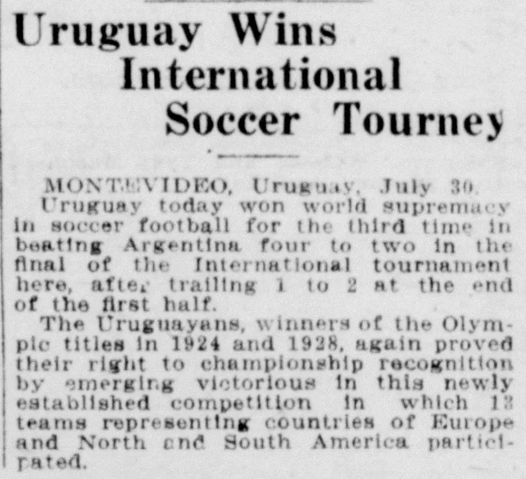 Newspaper clipping from the Uniontown Morning Herald, July 1930, reporting Uruguay's 4-2 victory over Argentina in the final of the first World Cup