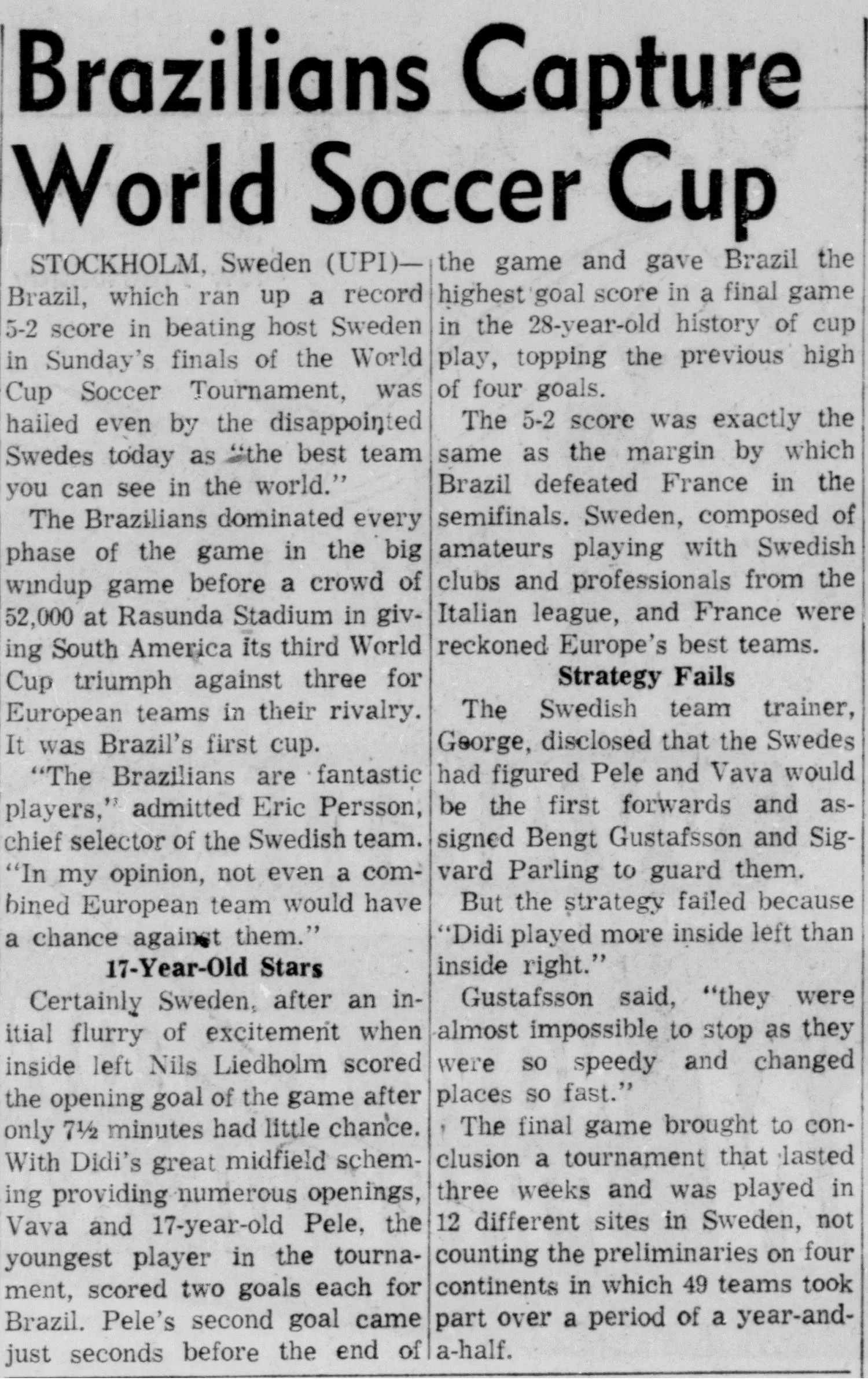 Newspaper clipping from the Bakersfield Californian, June 1958, reporting Brazil's 5-2 World Cup final victory over Sweden, with 17-year-old Pelé scoring twice