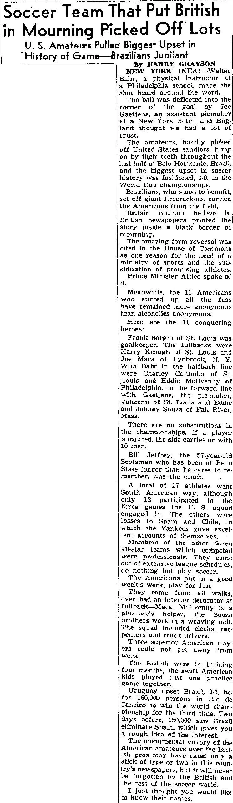 Newspaper clipping from the Lowell Sun, July 1950, covering the U.S. upset of England at the 1950 World Cup and naming each American player by hometown and occupation