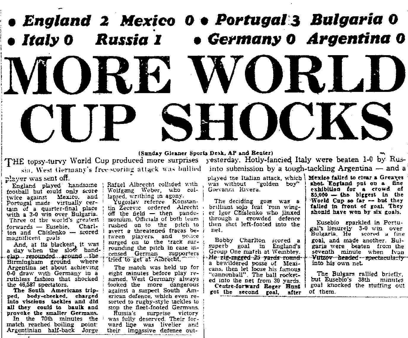 Newspaper clipping from the Kingston Gleaner, Jamaica, July 1966, covering group stage upsets at the World Cup in England with the headline More World Cup Shocks