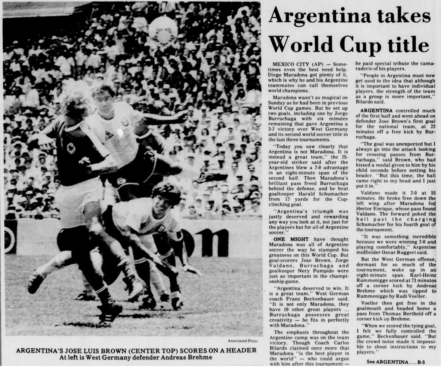 Newspaper clipping from the Dover Times-Reporter, June 1986, reporting Argentina's 3-2 World Cup final victory over West Germany, with an action photo of Jose Luis Brown scoring on a header