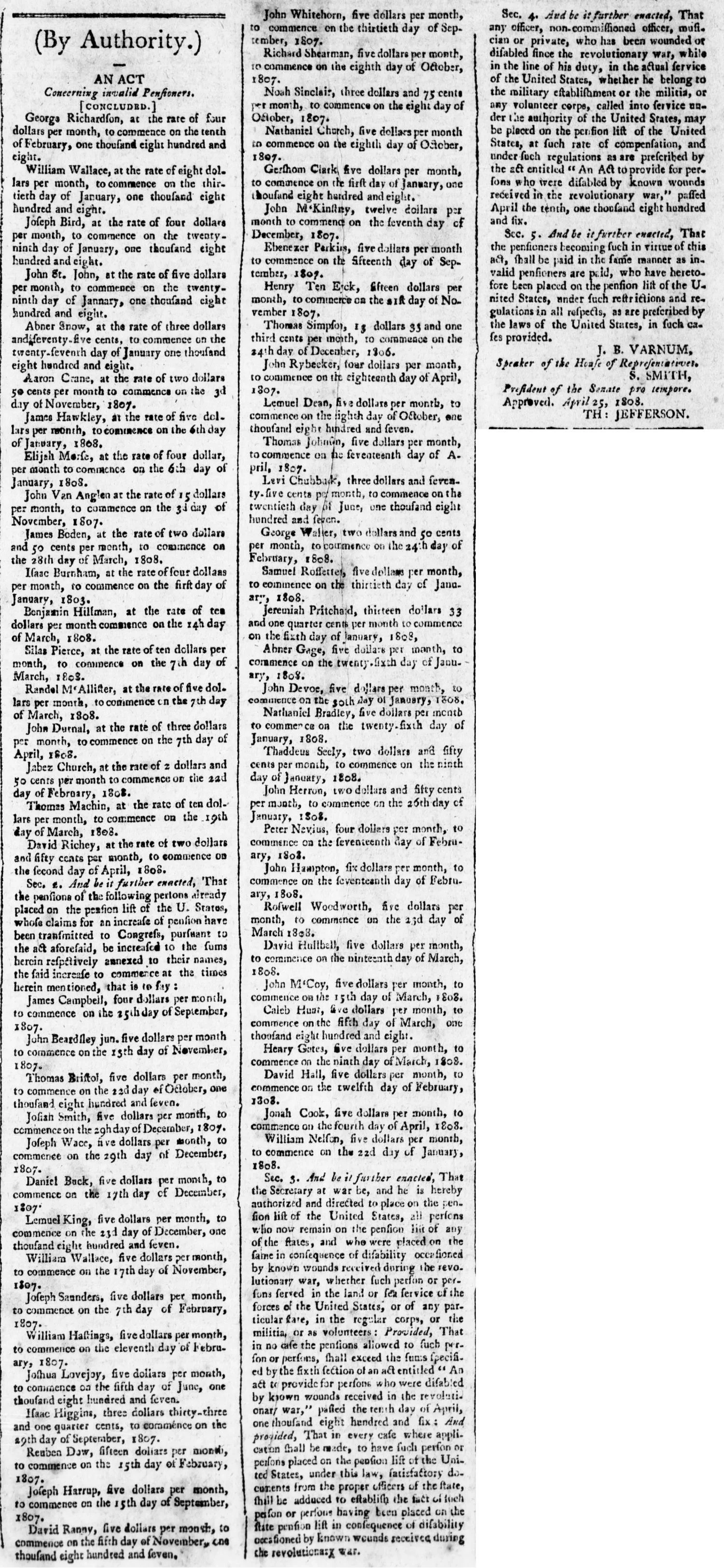 Augusta Chronicle, August 13, 1808, publishing a Congressional act "By Authority" concerning invalid pensioners, listing Revolutionary War veterans by name with individual monthly pension amounts and start dates, signed into law by President Thomas Jefferson.