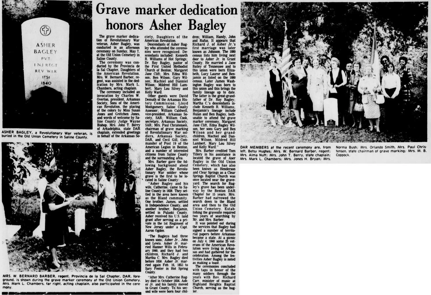 Benton Courier, May 19, 1978, covering a grave marker dedication ceremony at the Old Union Cemetery in Saline County, Arkansas, honoring Revolutionary War veteran Asher Bagley, conducted by the Provincia de la Sal Chapter, Daughters of the American Revolution. The gravestone shown reads: Asher Bagley, Pvt., 1st Regt., Rev. War, 1751-1840.