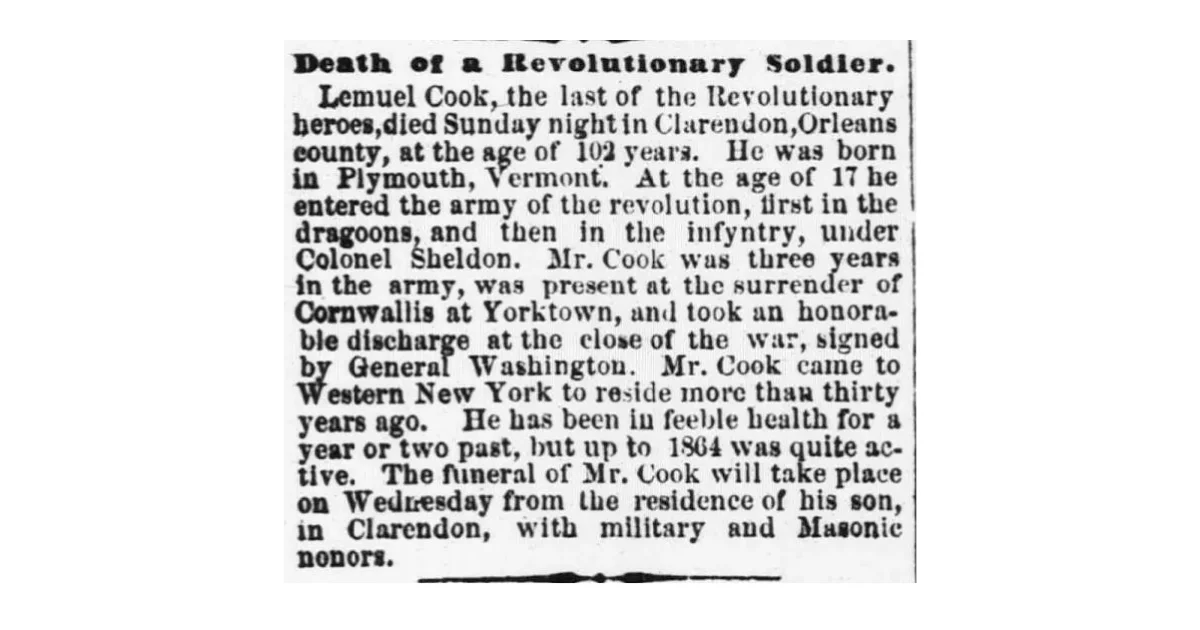 Indianapolis Daily Herald, May 25, 1866, obituary headlined "Death of a Revolutionary Soldier," reporting the death of Lemuel Cook, described as the last of the Revolutionary heroes, at age 102, in Clarendon, Orleans County, New York.