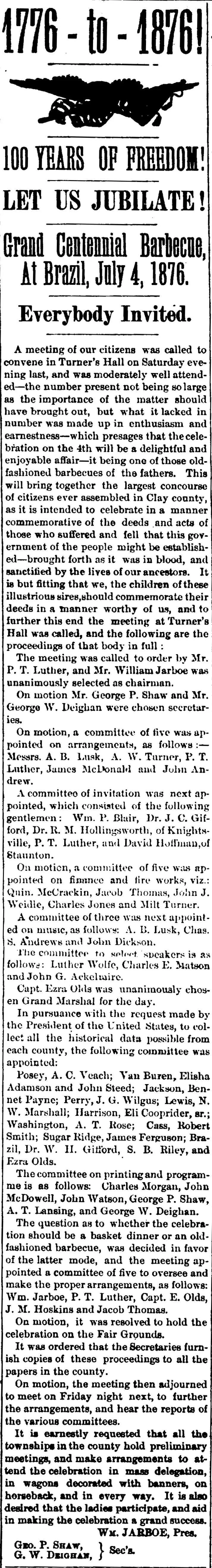 Newspaper clipping from the Clay County Enterprise, Knightsville, Indiana, dated June 15, 1876, headlined "1776 to 1876! 100 Years of Freedom! Let Us Jubilate!" announcing a Grand Centennial Barbecue in Brazil, Indiana on July 4, 1876, with a list of named committee members and Capt. Ezra Olds named as Grand Marshal.