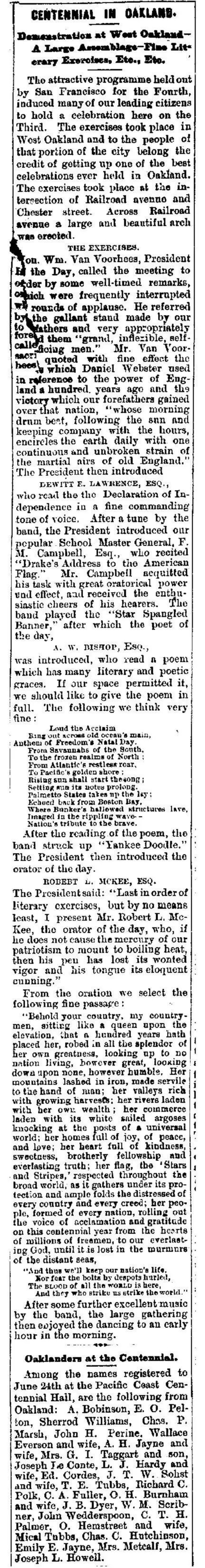 Newspaper clipping from the Oakland Tribune dated July 6, 1876, headlined "Centennial in Oakland — Demonstration at West Oakland — A Large Assemblage — Fine Literary Exercises, Etc., Etc.," describing the centennial celebration at the intersection of Ralston and Chester avenues in West Oakland, California, naming speakers Dewitt E. Lawrence, Robert L. McKee, and A.W. Bishop, along with a list of Oaklanders registered at the Pacific Coast Centennial.
