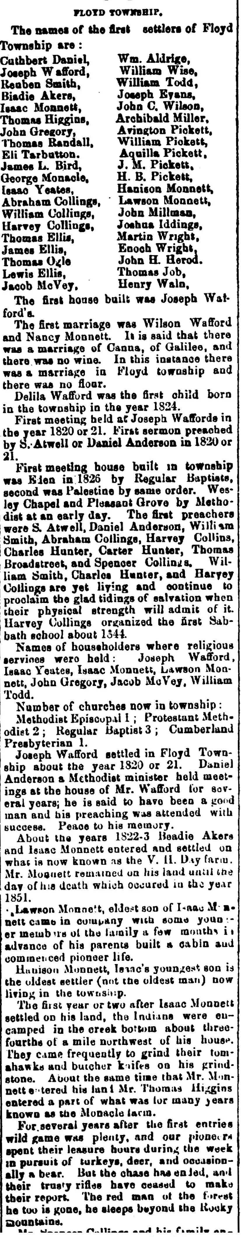 Newspaper clipping from the Greencastle Banner, Greencastle, Indiana, dated July 20, 1876, headlined "Floyd Township," listing the names of the first settlers of Floyd Township, Indiana, and including details about the township's first marriage, first child born, first church meeting, first meetinghouse, and encounters with Native Americans.