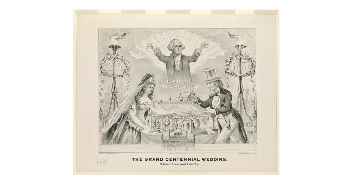 Currier and Ives lithograph titled "The Grand Centennial Wedding of Uncle Sam and Liberty," published in 1876, depicting Uncle Sam and the figure of Liberty exchanging a crown over a model of the Centennial Exposition building in Philadelphia, with George Washington appearing above them in a halo of light with his arms outstretched and the words "Bless You My Children," flanked by wreaths bearing the dates 1776 and 1876. Published by Currier and Ives, 125 Nassau Street, New York.