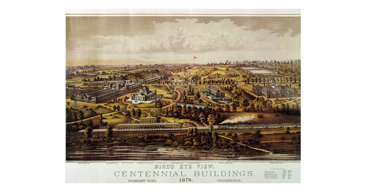 Bird's eye view illustration of the Centennial Buildings at Fairmount Park, Philadelphia, 1876, showing the sprawling exposition grounds with the Main Building, Machinery Hall, Art Gallery, Judges Hall, Ladies Pavilion, Horticultural Hall, and Agricultural Hall visible across the landscaped grounds, with a steam train running along the foreground and an American flag flying at center, published by Donaldson Brothers in Philadelphia.