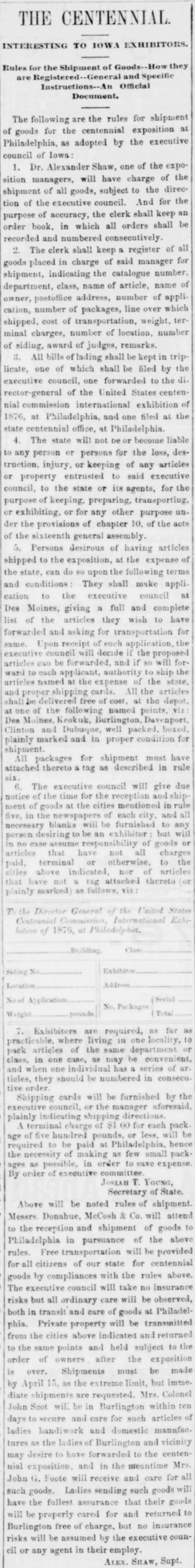 Newspaper clipping from the Burlington Daily Hawk-Eye Gazette dated April 2, 1876, headlined "The Centennial — Interesting to Iowa Exhibitors," publishing the official rules for shipping goods to the Centennial Exposition at Philadelphia as adopted by the Iowa executive council, including instructions for labeling, transport, and submission deadlines.