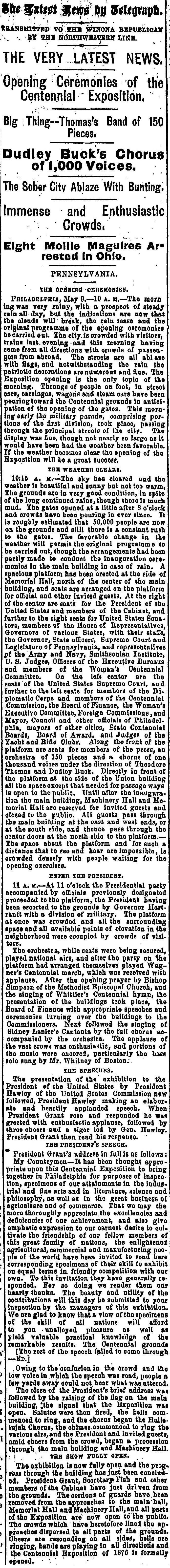 Newspaper clipping from the Winona Daily Republican dated May 10, 1876, headlined "Opening of the Centennial Exposition," publishing the full opening day program including a march by Richard Wagner, a hymn by John G. Whittier, an address by President Grant, and the activation of the Corliss engine, describing the ceremony as marking the hundredth year of American national existence.