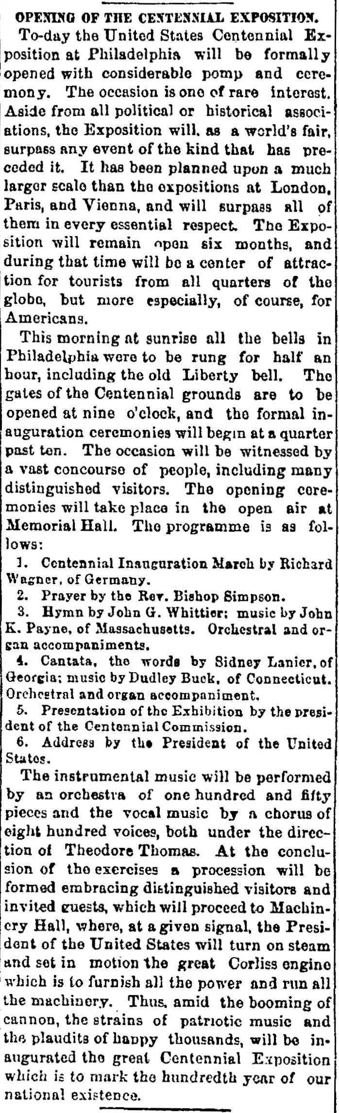 Newspaper clipping from the Indianapolis Journal dated May 10, 1876, headlined "Our Jubilee — Centennial Celebration of American Independence — Opening of the International Exposition at Philadelphia — Brilliant Description of the Scene by Bayard Taylor — And a Complete Coup D'Oeil of the Panorama of Nations — Full Particulars of the Great Event."