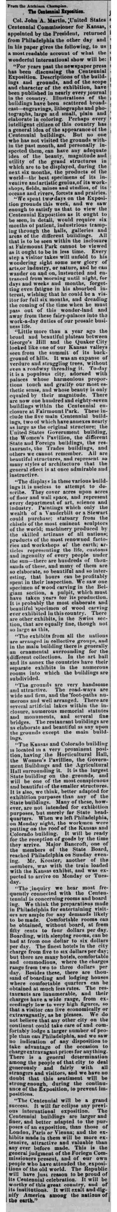 Newspaper clipping from the Wichita City Eagle dated May 11, 1876, from the Atchison Champion, featuring a firsthand account of the Centennial Exposition by Colonel John A. Martin, United States Centennial Commissioner for Kansas, describing the scale of the displays and his assessment that a thorough visit would require six months.