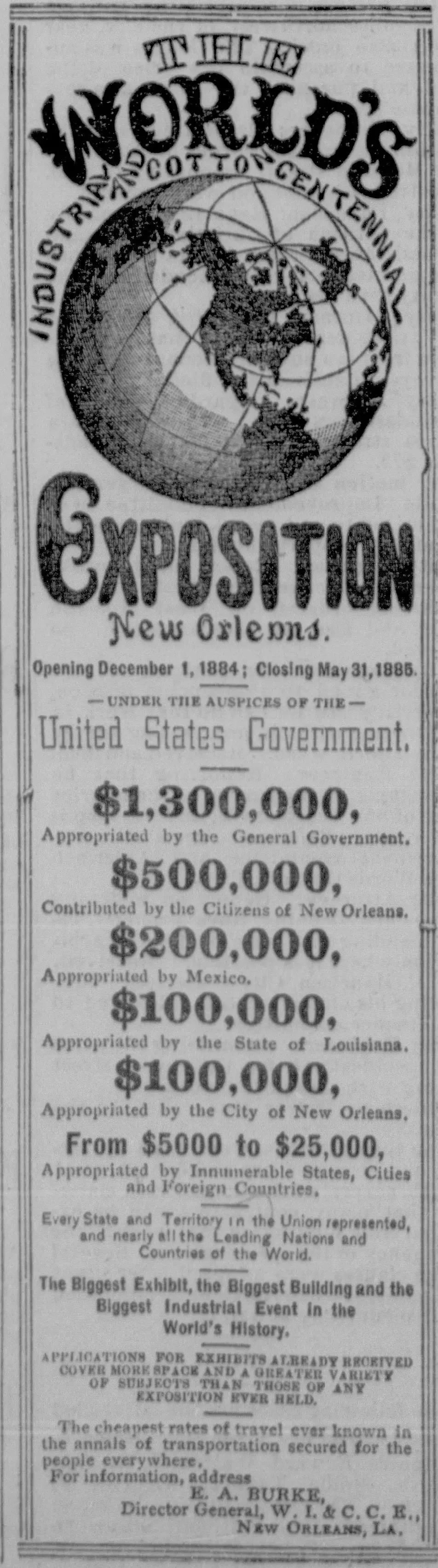 Newspaper advertisement from the San Antonio Light dated August 12, 1884, for the World's Industrial and Cotton Centennial Exposition in New Orleans, listing financial appropriations from the federal government, Mexico, Louisiana, and New Orleans, announcing an opening date of December 1, 1884, and closing date of May 31, 1885, under the direction of E.A. Burke.