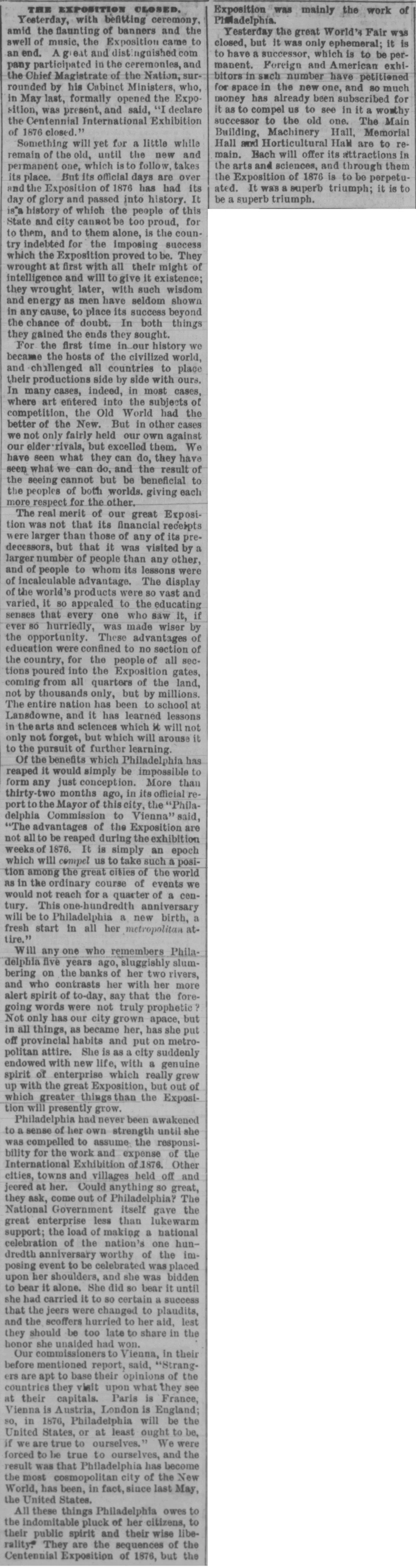 Newspaper clipping from the Philadelphia Inquirer dated November 11, 1876, publishing a lengthy tribute to the closing of the Centennial International Exhibition, crediting the people of Philadelphia for the success of the exposition and concluding with the words "It was a superb triumph; it is to be a superb triumph."