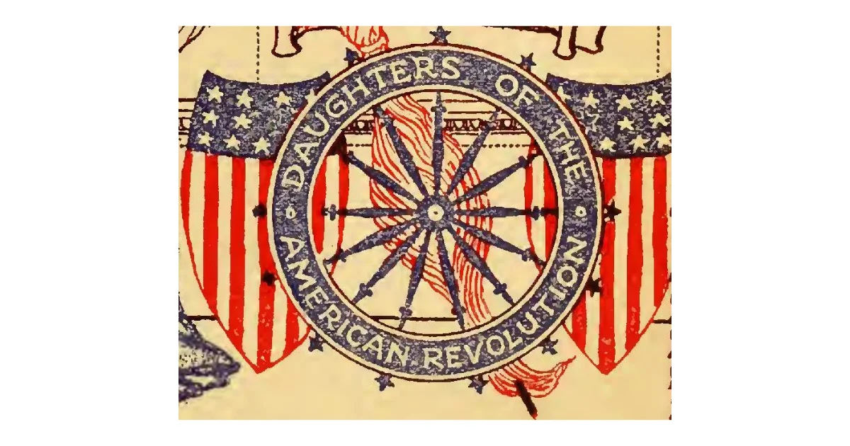 Vintage illustration of the Daughters of the American Revolution seal, featuring a spinning wheel at center surrounded by the words "Daughters of the American Revolution," flanked by two American shields with red, white, and blue stripes and stars, printed in red, white, and navy blue on aged cream paper.