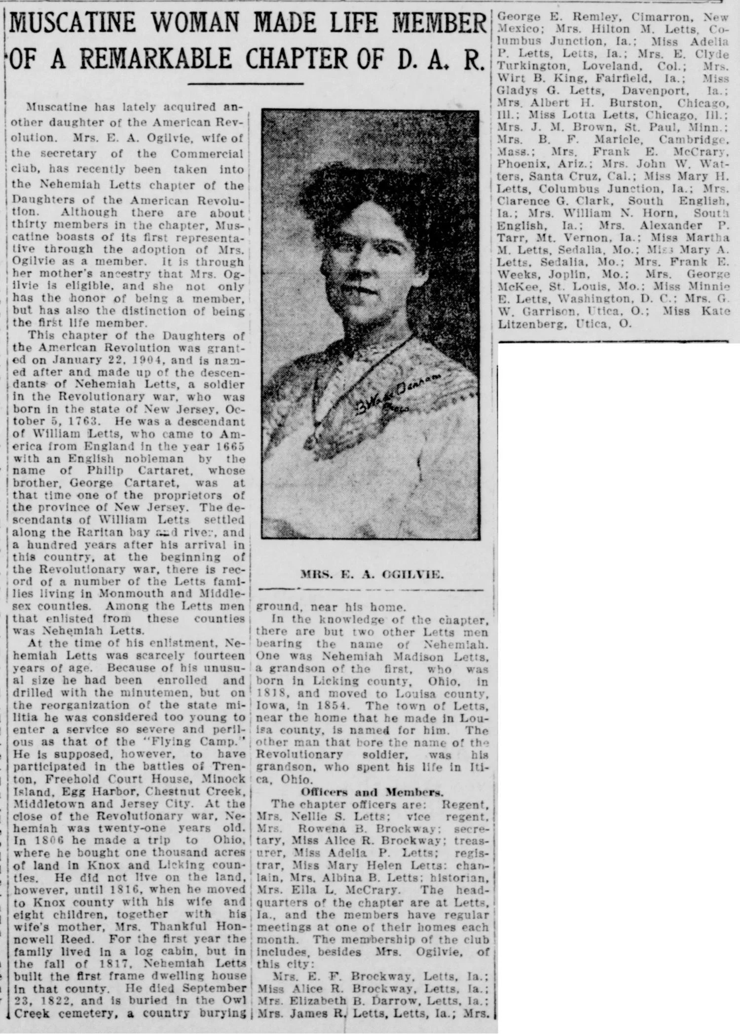 Muscatine Journal newspaper article from December 7, 1910, headlined "Muscatine Woman Made Life Member of a Remarkable Chapter of D.A.R.," with a portrait photograph of Mrs. E.A. Ogilvie and text describing how she qualified through her Revolutionary War ancestor Nehemiah Letts, born in New Jersey in 1763, and became the first life member of the Nehemiah Letts chapter of the Daughters of the American Revolution.