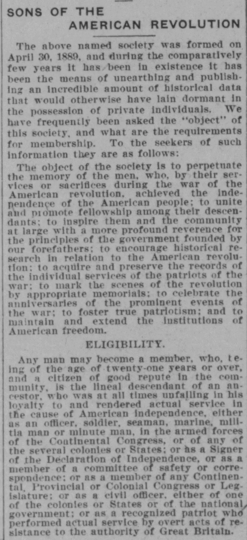 Philadelphia Times newspaper article from March 9, 1902, headlined "Sons of the American Revolution," explaining that the society was formed on April 30, 1889, and laying out the eligibility requirements for membership, including lineal descent from an ancestor who rendered actual service in the cause of American independence as an officer, soldier, seaman, marine, militia man, or minute man.
