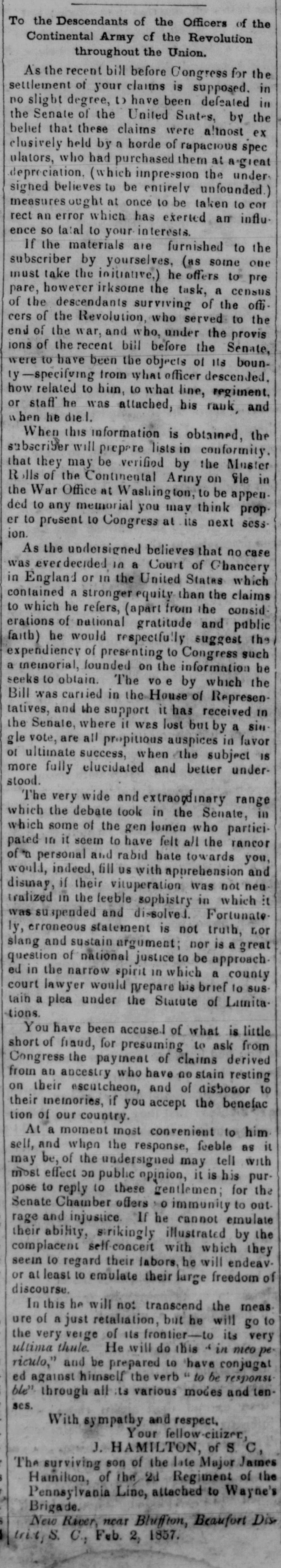 Georgetown Pee-Dee Times newspaper notice from February 25, 1857, signed by J. Hamilton of South Carolina, identifying himself as the surviving son of Major James Hamilton of the 2nd Regiment of the Pennsylvania Line attached to Wayne's Brigade, and appealing to descendants of Continental Army officers throughout the Union to provide information for a census of their lineage, specifying what officer they descended from, what line, regiment, or staff he was attached to, his rank, and when he died.