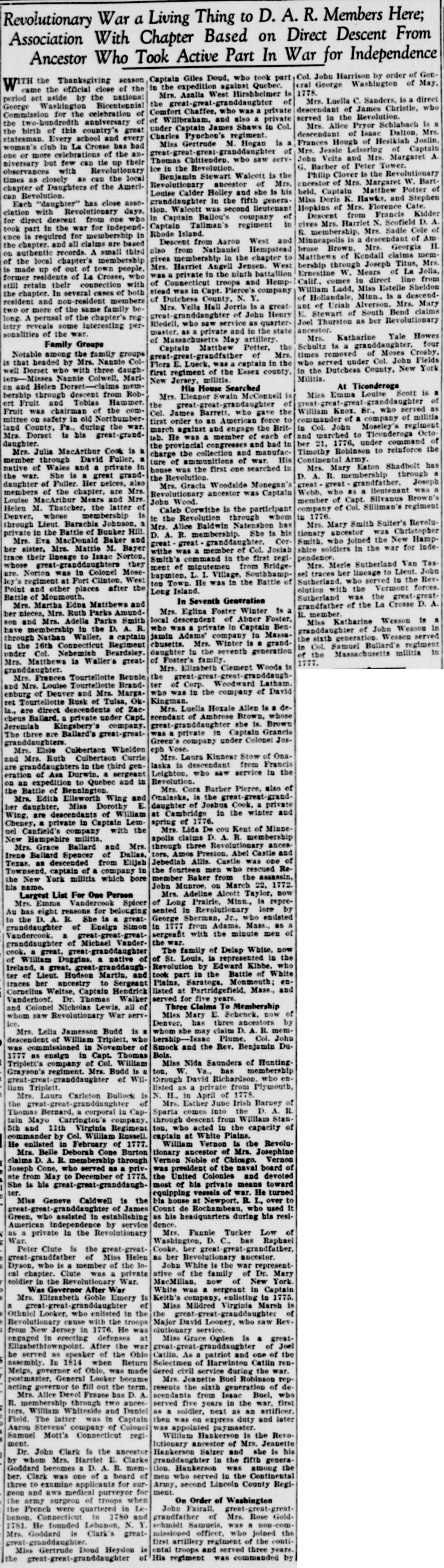 La Crosse Tribune newspaper article from November 27, 1932, headlined "Revolutionary War a Living Thing to D.A.R. Members Here," featuring a dense column listing La Crosse, Wisconsin chapter members alongside the names of their specific Revolutionary War ancestors, battles fought, and military units served.