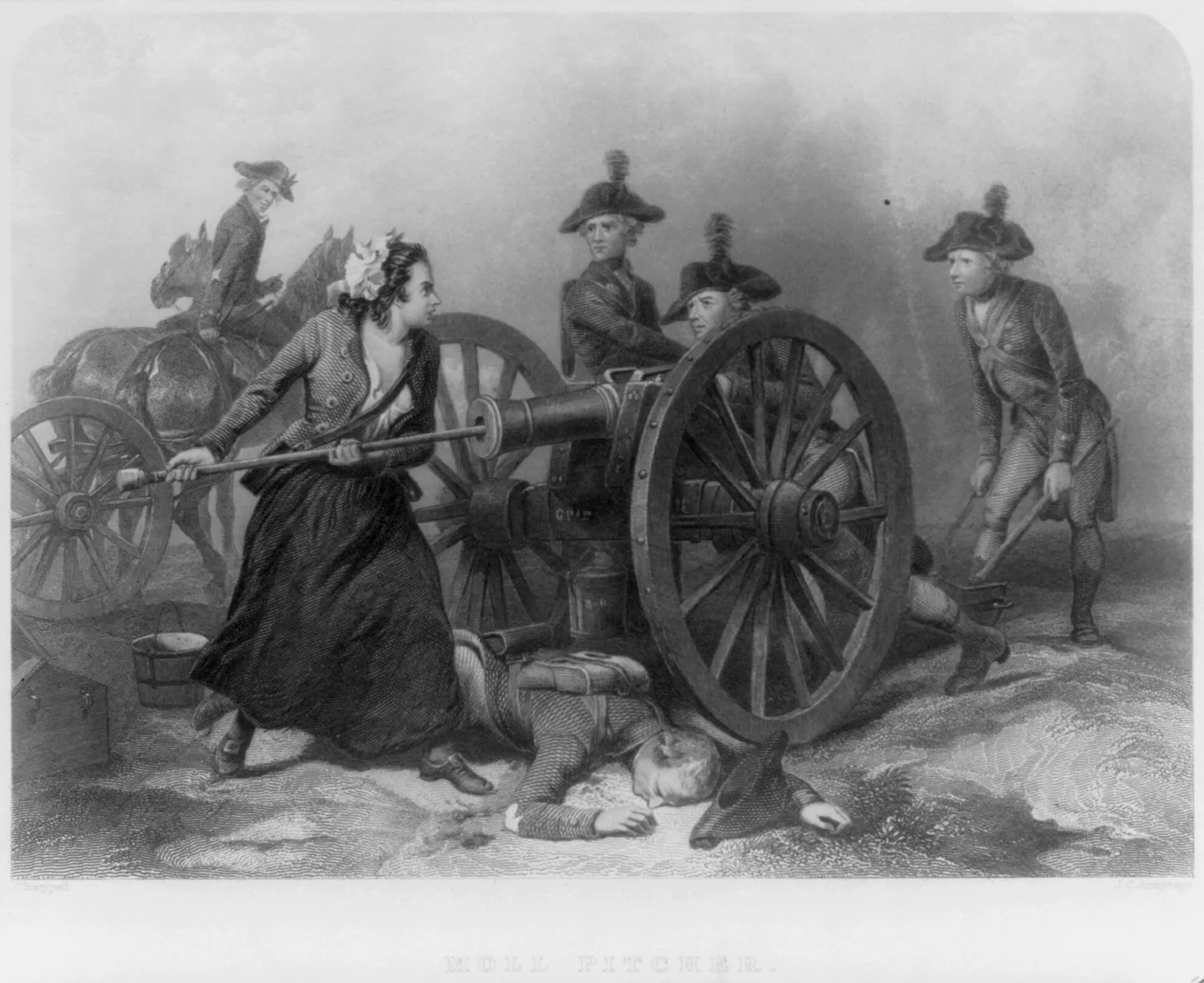 A 19th-century engraving titled "Moll Pitcher" depicting a woman in period dress loading a cannon on the battlefield at the Battle of Monmouth in 1778, with a fallen soldier lying at her feet, two Continental Army soldiers standing nearby, and a horse-drawn artillery wagon in the background. Image courtesy of the Library of Congress.