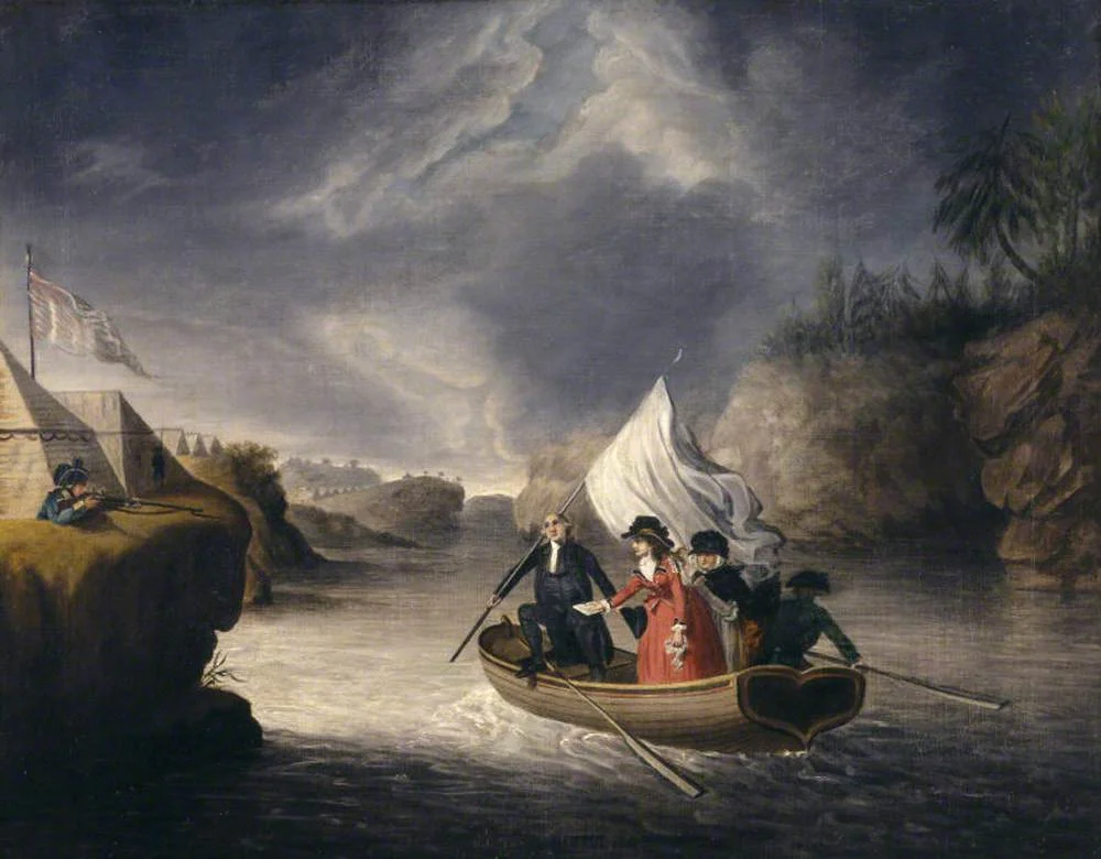 A late 18th-century engraving attributed to Robert Pollard depicting Lady Harriet Acland crossing the Hudson River by boat at night in 1777 to reach American lines and care for her wounded husband, Major John Acland, who had been captured at the Battle of Saratoga during the American Revolutionary War. Public domain via Wikimedia Commons.