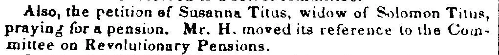 Newspaper clipping from the Washington National Intelligencer, dated February 6, 1839, noting the petition of Susanna Titus, widow of Solomon Titus, praying for a pension, with the notice that her petition was referred to the Committee on Revolutionary Pensions