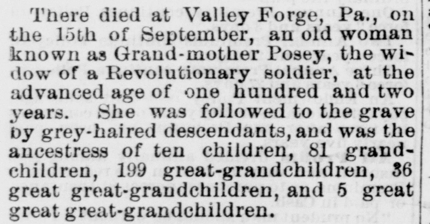 Newspaper clipping from the Salt Lake City Deseret Evening News, dated December 7, 1868, reporting the death at Valley Forge, Pennsylvania of an elderly woman known as Grand-mother Posey, widow of a Revolutionary soldier, at age 102, noting she was the ancestress of 10 children, 81 grandchildren, 199 great-grandchildren, 36 great-great-grandchildren, and 5 great-great-great-grandchildren