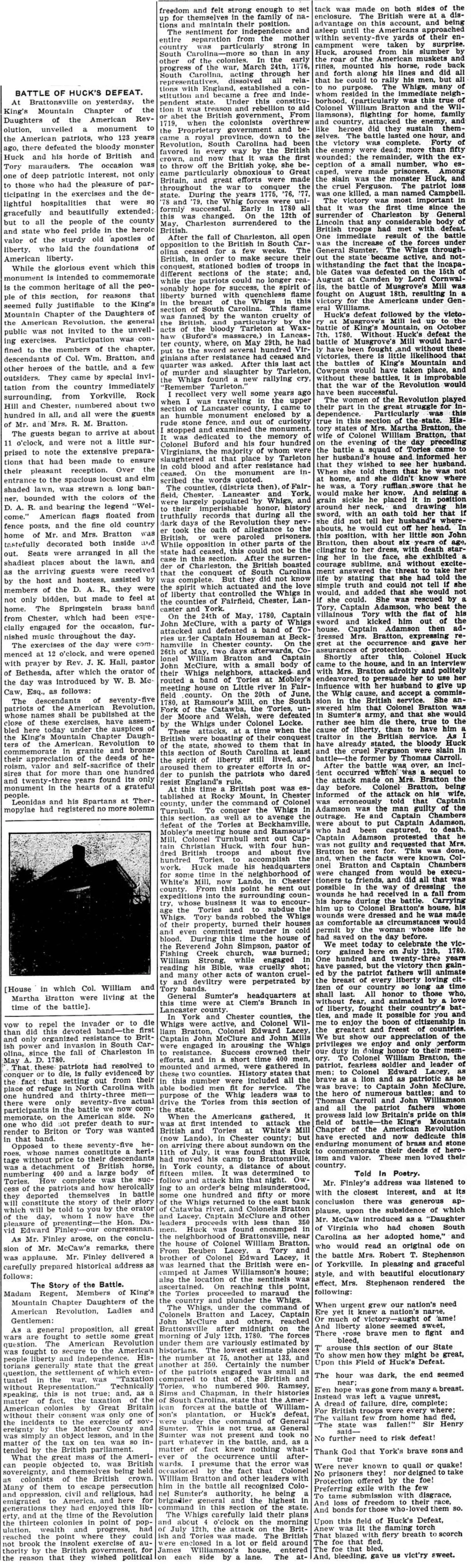 Newspaper clipping from the Yorkville Enquirer, dated October 2, 1903, featuring a full article from the Daughters of the American Revolution King's Mountain Chapter about the Battle of Huck's Defeat, describing the actions of Mrs. Martha Bratton, wife of Colonel William Bratton, who defied a Tory spy and Captain Adamson at her South Carolina home while her husband was away fighting for the Patriot cause