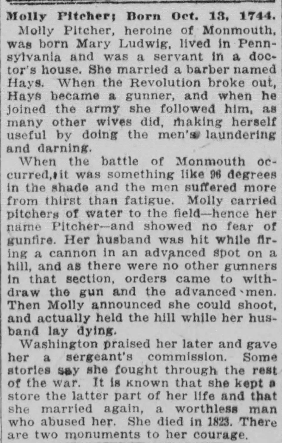 Newspaper clipping from the Boston Post, dated October 13, 1919, headlined "Molly Pitcher; Born Oct. 13, 1744," providing a biographical account of Molly Pitcher, born Mary Ludwig, describing her carrying water to soldiers at the Battle of Monmouth, her takeover of her husband's cannon after he was wounded and fell, her defense of the hill, and her receipt of a sergeant's commission from George Washington