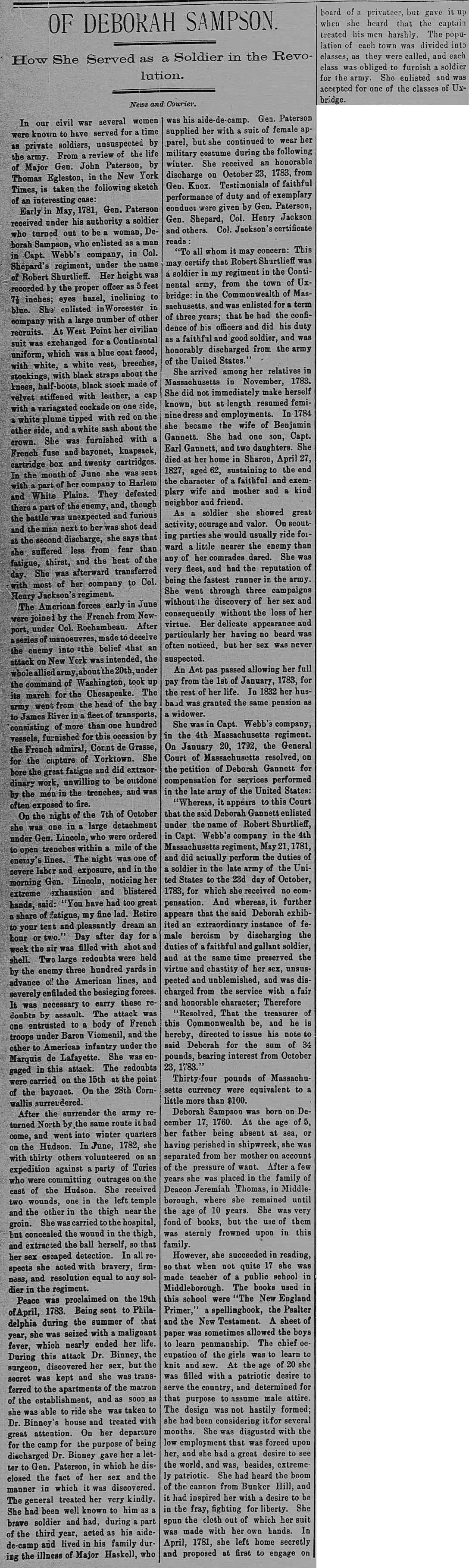 Newspaper clipping from the Anderson Intelligencer, dated November 9, 1898, headlined "Of Deborah Sampson: How She Served as a Soldier in the Revolution," featuring a lengthy biographical account of Deborah Sampson's enlistment under the name Robert Shurtleff in the 4th Massachusetts Regiment, her service in three campaigns including action near Yorktown, her honorable discharge in 1783, and the Congressional act that granted her full pay for her military service