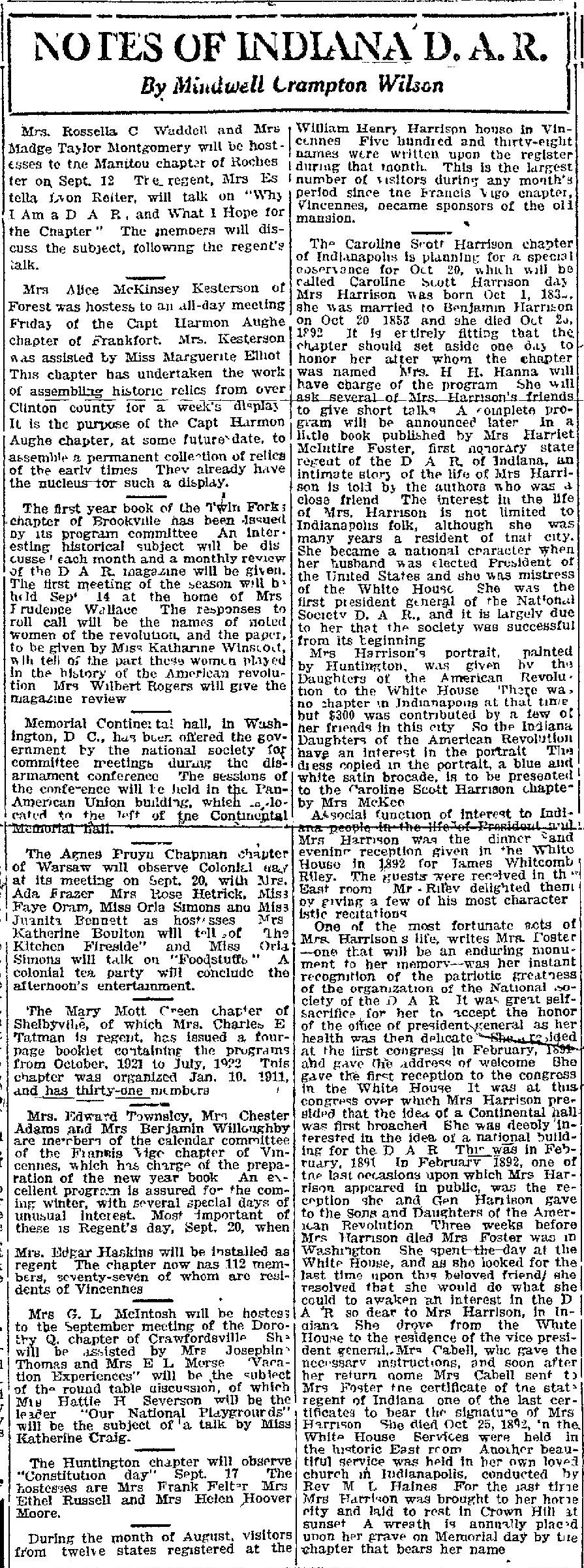 Newspaper clipping from the Indianapolis Star, dated September 5, 1921, showing a column titled "Notes of Indiana D.A.R." by Mindwell Crampton Wilson, featuring news of Indiana DAR chapters and a substantial section about the Caroline Scott Harrison chapter of Indianapolis planning a special observance for Caroline Scott Harrison Day on October 20, honoring the first president general of the National Society Daughters of the American Revolution