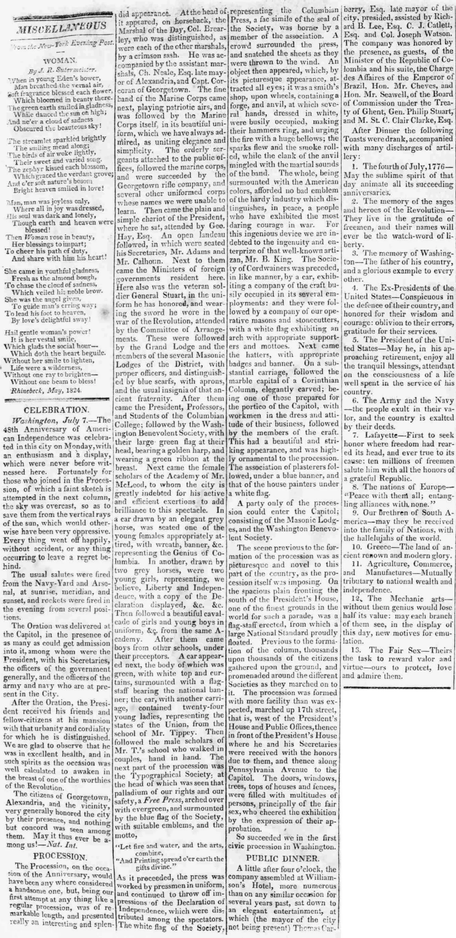 Newspaper page from the Tarboro Free Press, July 23, 1824, reprinted from the New York Evening Post, describing the 48th anniversary celebration of American Independence in Washington, D.C. on July 7, 1824. The article describes an elaborate procession including President Monroe, Secretary of State Adams, Secretary Calhoun, Marine Corps band, Masonic Lodges, the Georgetown Rifle Company, the Typographical Society, tradespeople in uniform, and other groups marching through the city, followed by a public dinner at Williamson's Hotel with named toasts.