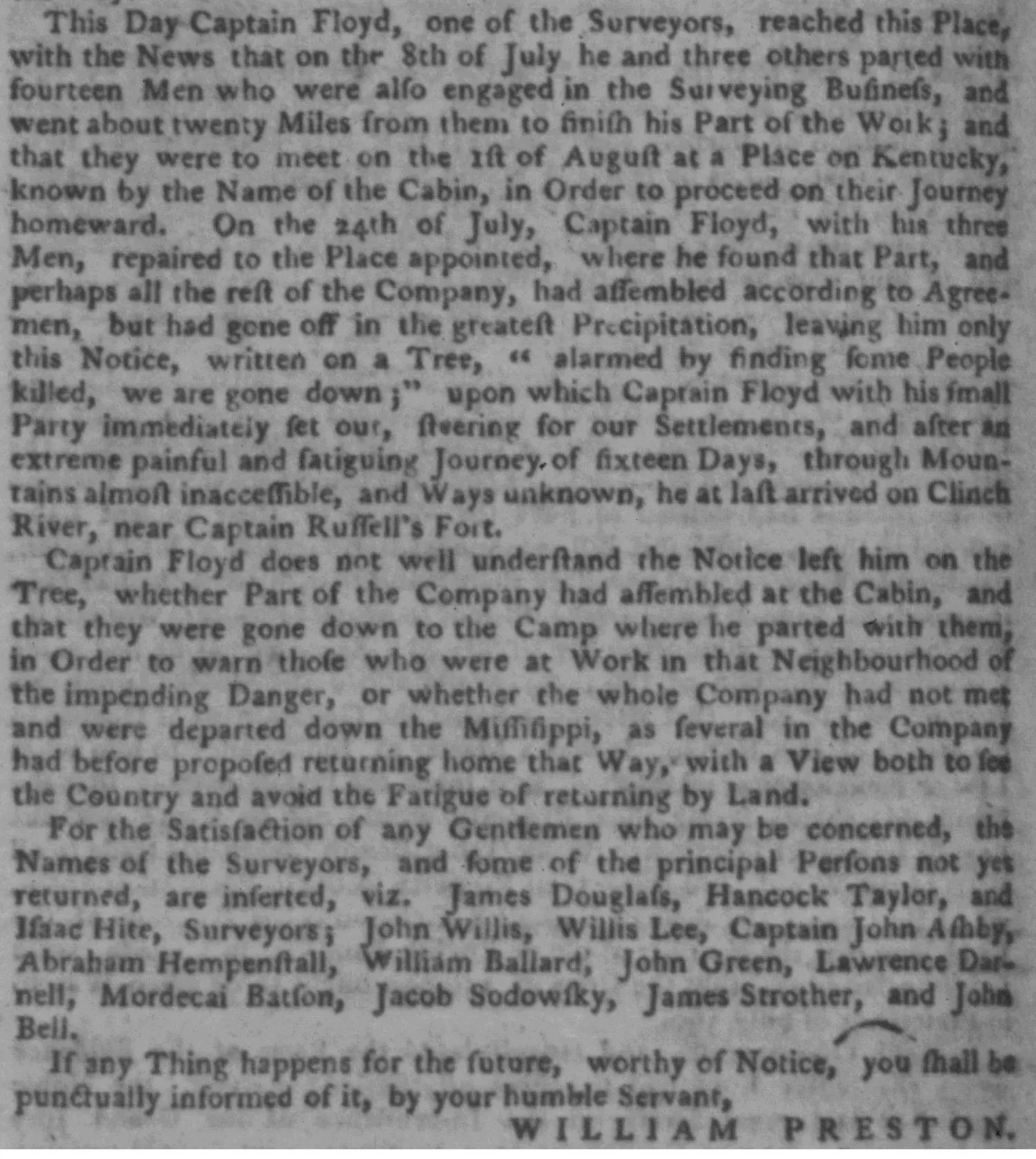 Newspaper article from the Virginia Gazette dated September 8, 1774, written by William Preston and reporting Captain John Floyd's return from a surveying expedition in Kentucky territory, describing how Floyd found his party had fled after discovering people killed, leaving only a message carved on a tree, and how Floyd led his three remaining men on a sixteen-day journey through nearly impassable mountains to reach Clinch River near Captain Russell's Fort, with a list of surveyors and men not yet returned.